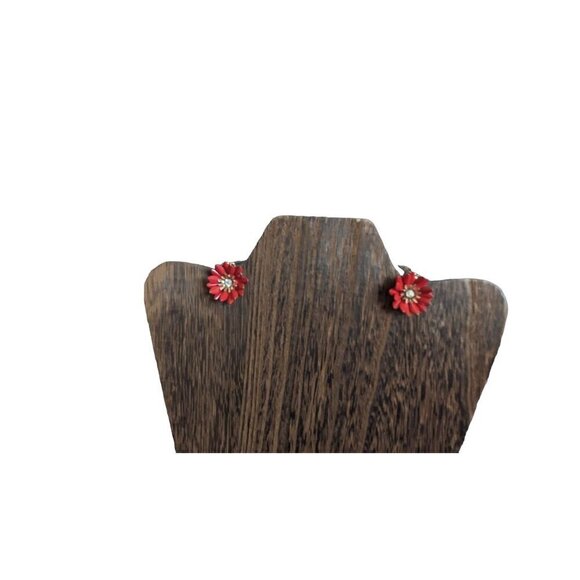 Vintage Coro Red Poppy Flower Rhinestone Clip On Statement Earrings 1960s - Picture 4 of 8